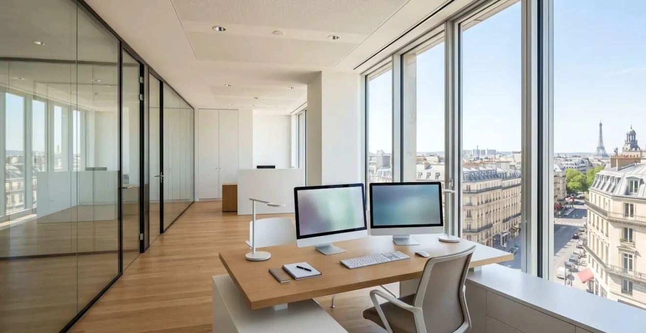 Bureau moderne de courtier immobilier vide avec deux écrans d'ordinateur affichant des données financières floutées, espace de travail organisé et lumineux