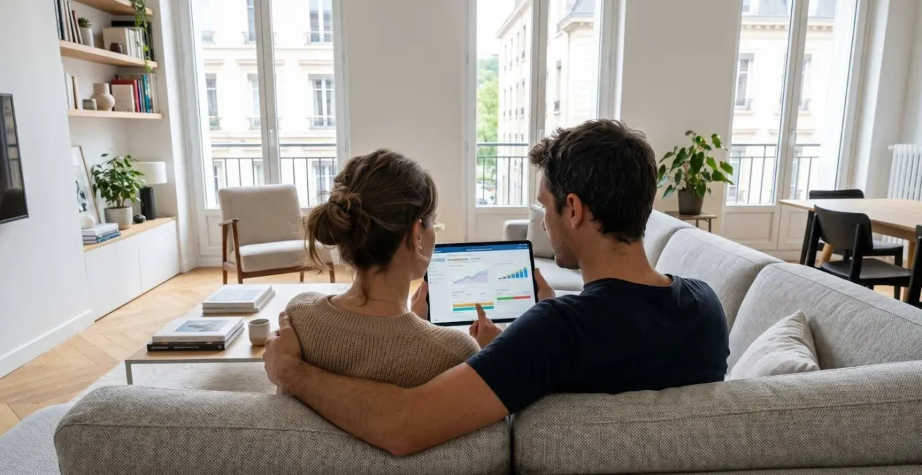 Un couple vu de dos consulte ensemble des données financières sur une tablette tactile, assis dans un salon contemporain lumineux