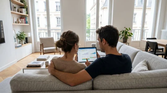 Un couple vu de dos consulte ensemble des données financières sur une tablette tactile, assis dans un salon contemporain lumineux