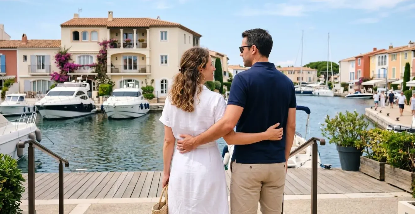 Un couple vu de dos regarde une maison colorée au bord d'un canal à Port Grimaud lors d'une visite immobilière