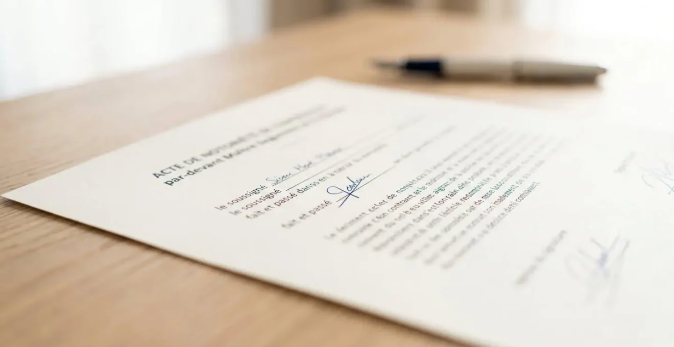 Gros plan sur un document contractuel posé sur un bureau avec une zone de signature et un cachet officiel partiellement visible, texte flouté