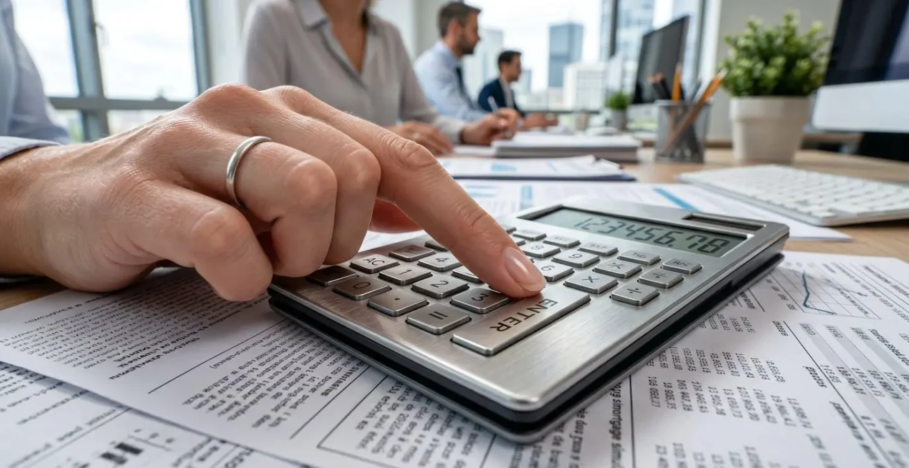 Gros plan sur une main utilisant une calculatrice professionnelle moderne posée sur des documents de simulation de prêt avec texte complètement flouté