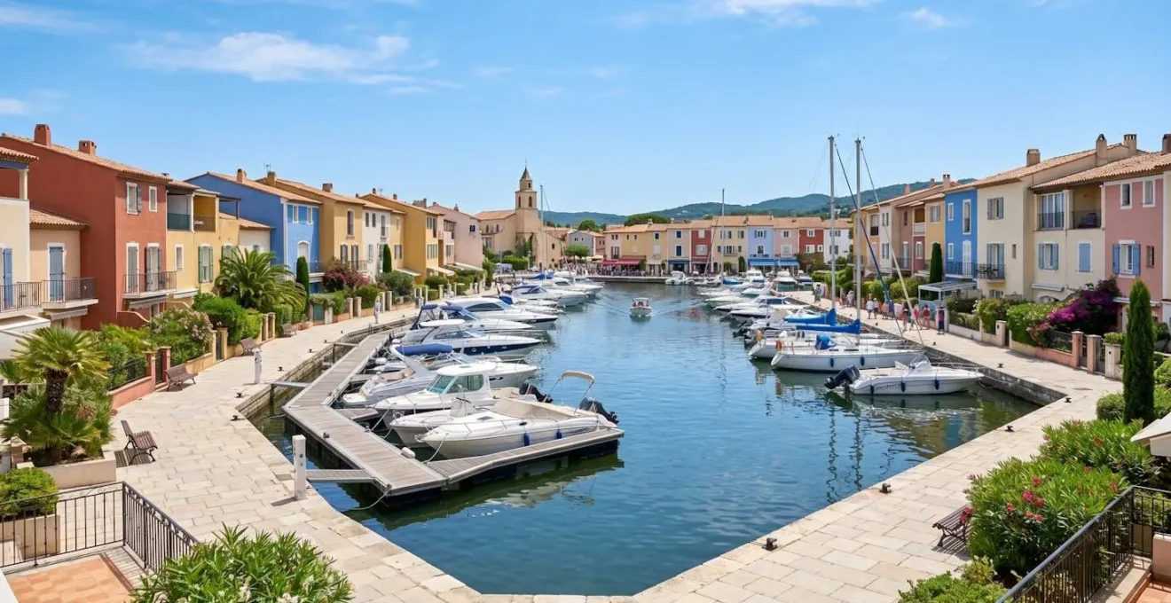Vue du canal principal de Port Grimaud avec ses maisons colorées typiques d'architecture provençale et les bateaux amarrés aux pontons privés