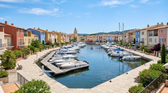 Vue du canal principal de Port Grimaud avec ses maisons colorées typiques d'architecture provençale et les bateaux amarrés aux pontons privés