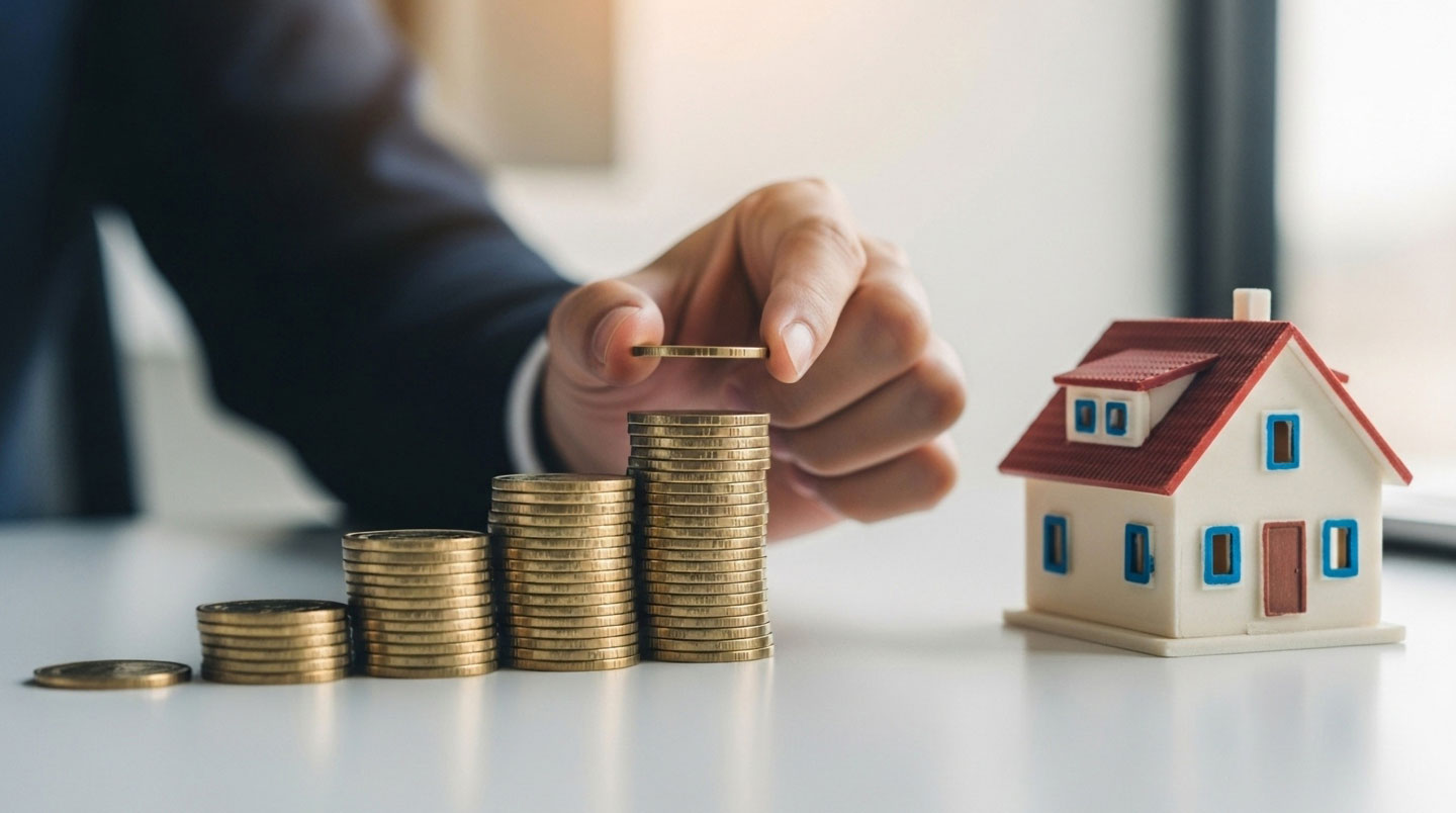 Illustration 3D de blocs empilés représentant les aides financières cumulables (PTZ, MaPrimeRénov', Eco-PTZ, aides locales) soutenant une maison au sommet